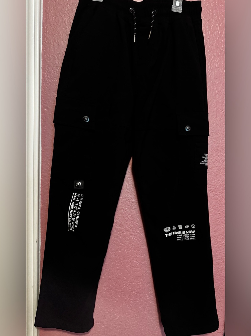 Men's Black Cargo Pants with Graphic Accents